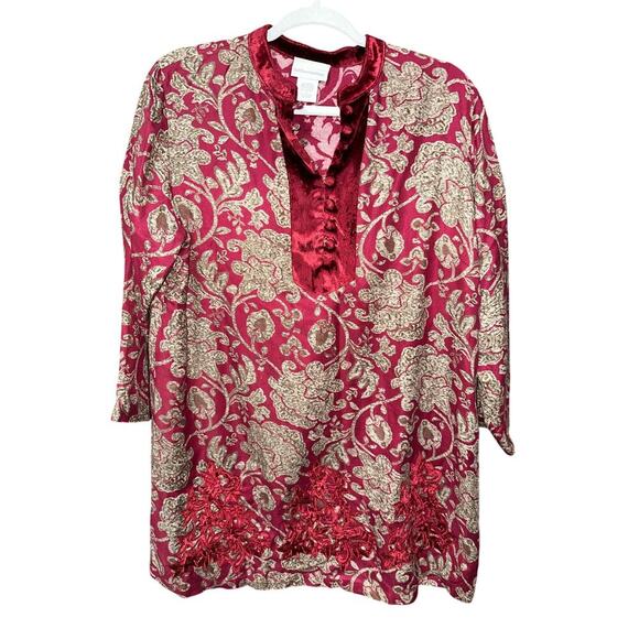 Soft Surroundings Velvet Burnout Tunic Blouse Red floral Scroll Med Asian - Picture 1 of 8